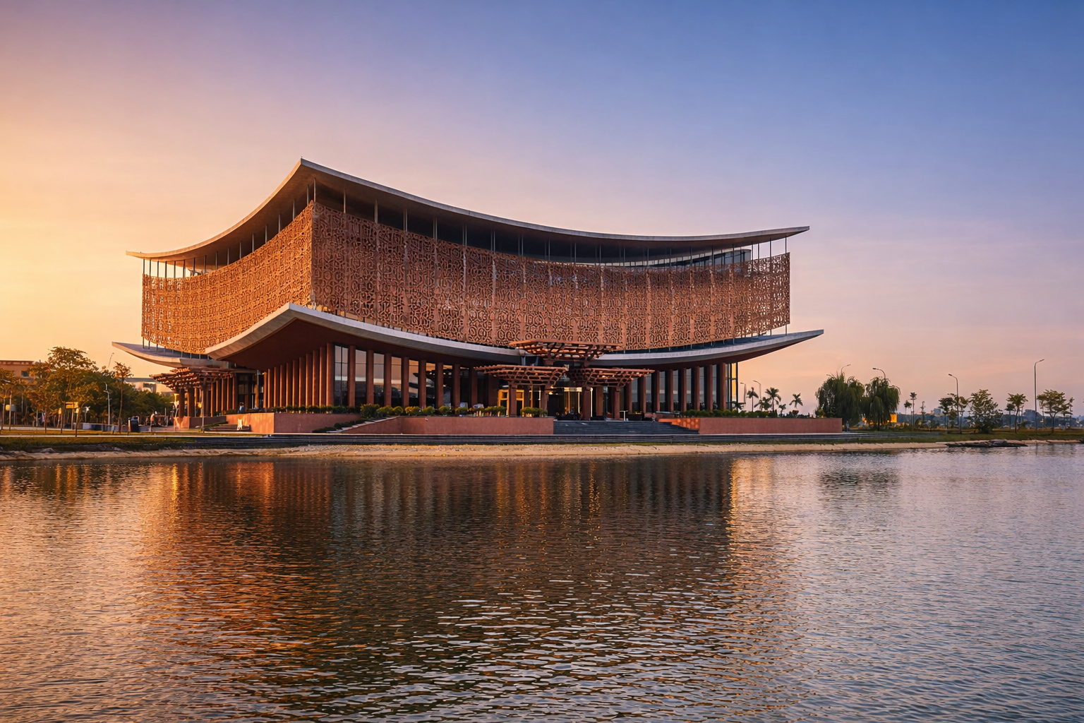 Nhà hát Dân ca Quan họ Bắc Ninh lúc hoàng hôn, phản chiếu trên mặt nước